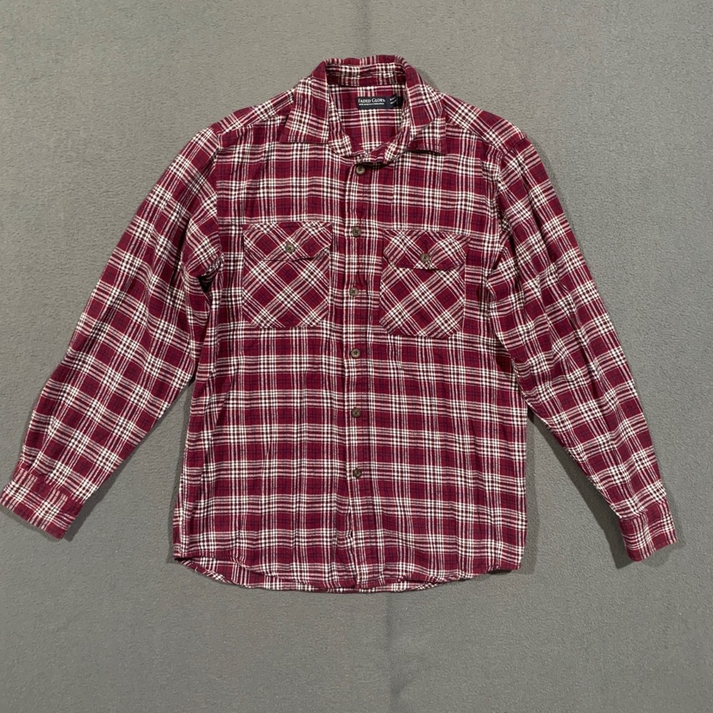 Faded Glory Flannel Shirt Men Small Red Plaid Cotton Long Sleeve Button Up Work